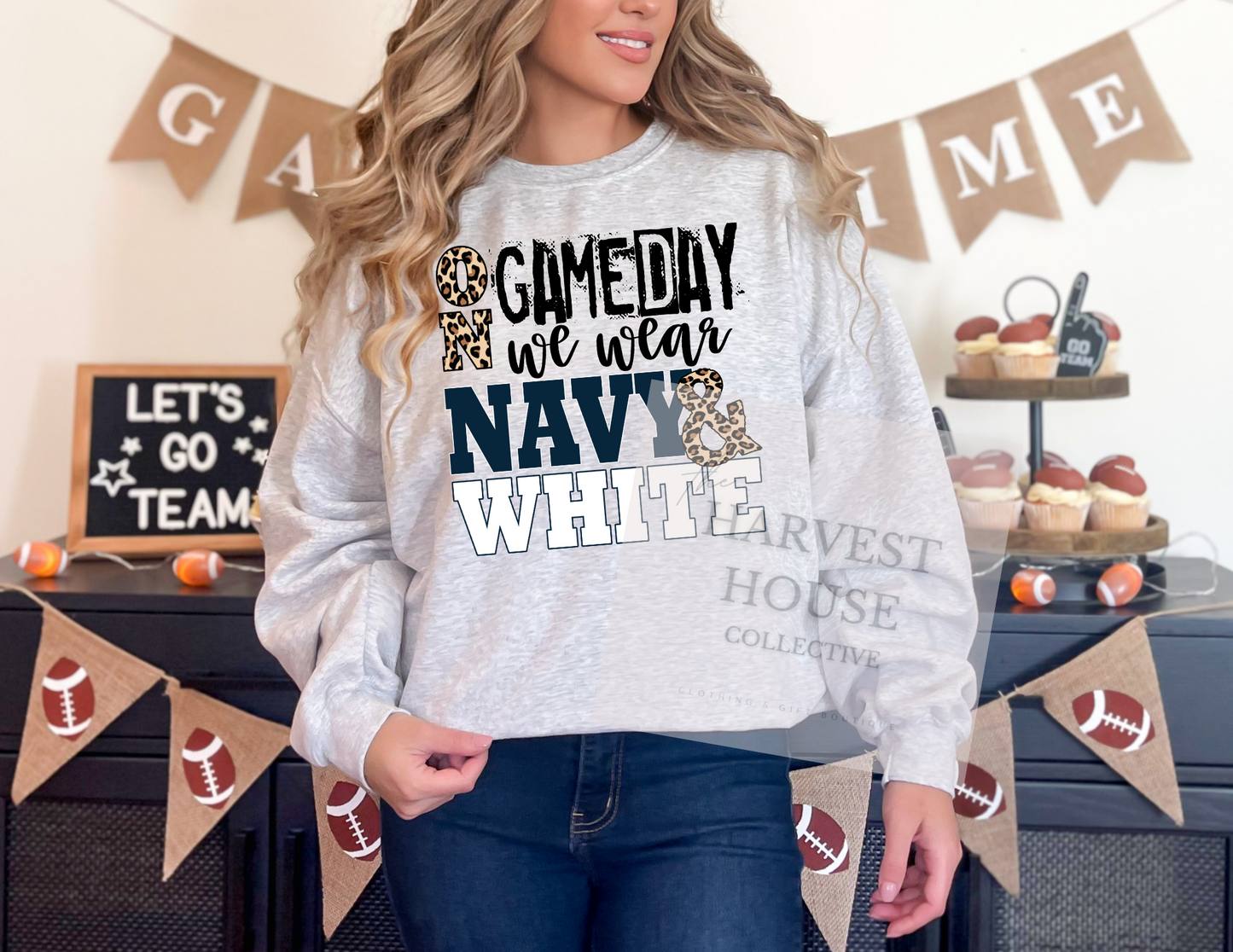 On Gameday We Wear Navy And White Shirt