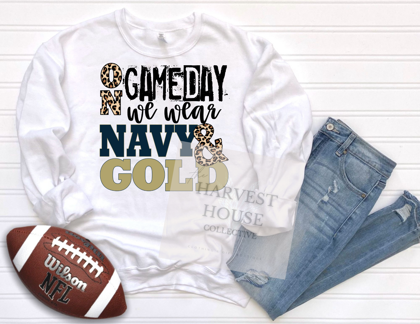 On Gameday We Wear Navy And Gold Shirt