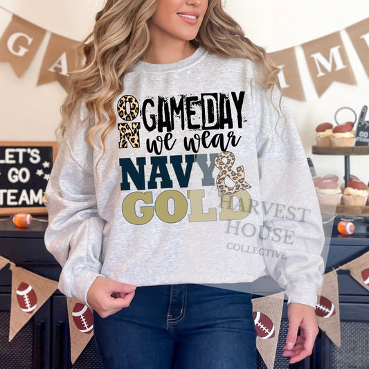 On Gameday We Wear Navy And Gold Shirt
