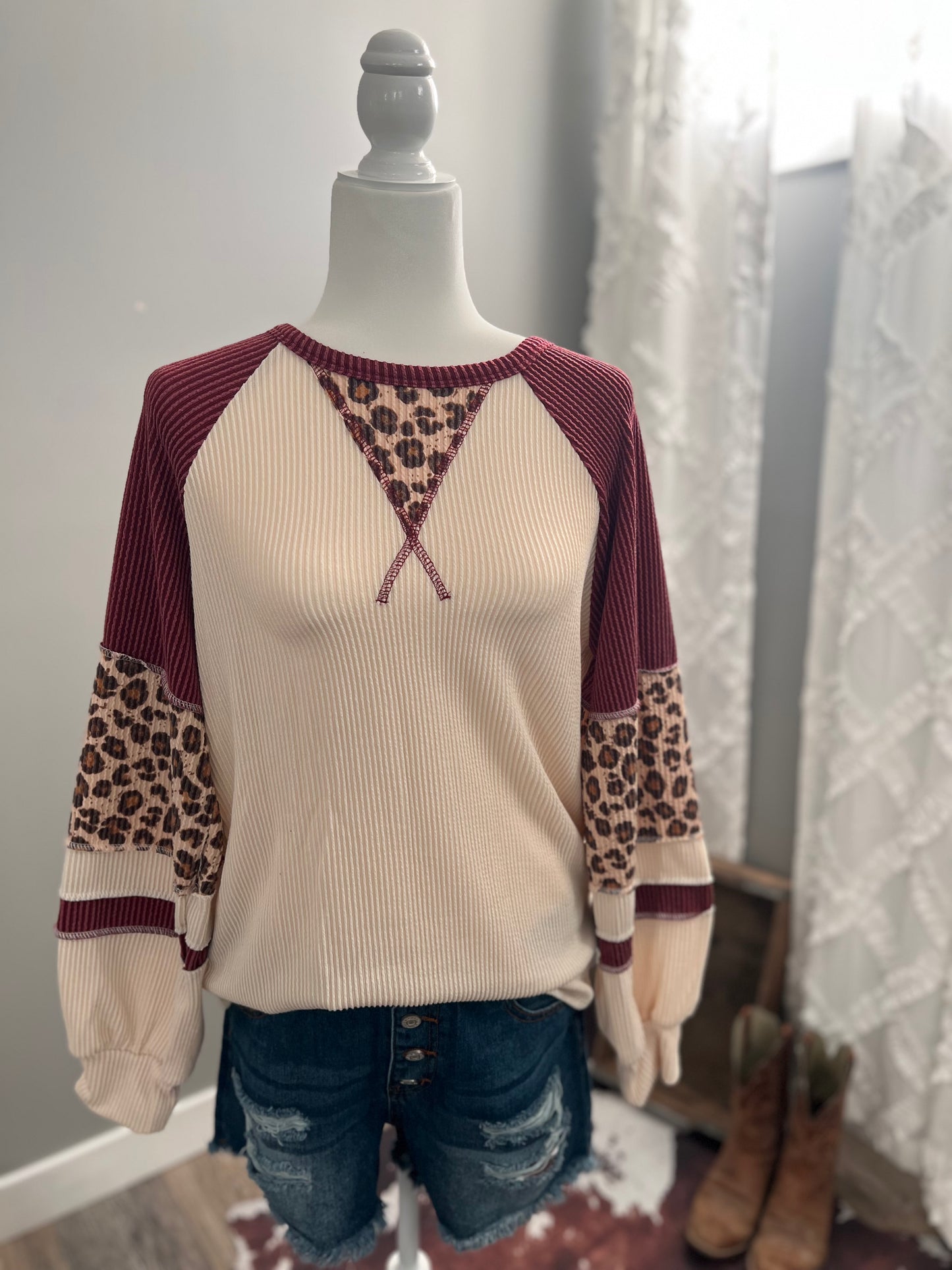Waffle Knit Animal Print Contrast Pullover Top