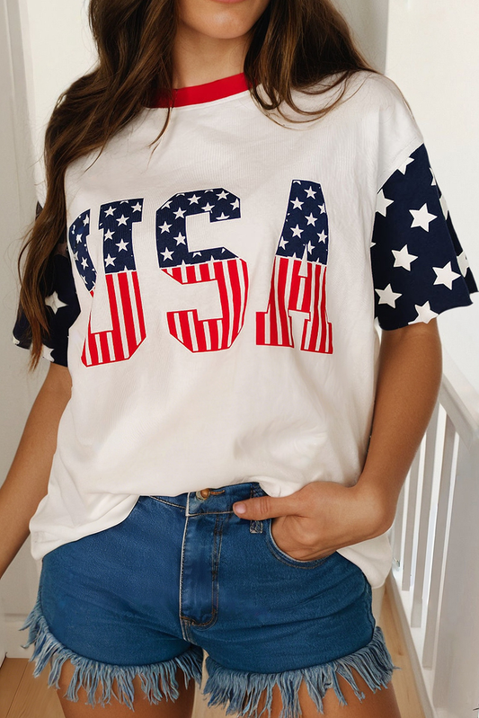 USA Flag Print Graphic Casual Tee