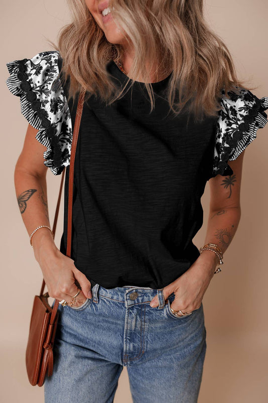 Black Flutter Sleeve Blouse
