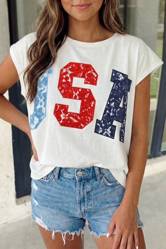 USA Letter Print Faux Lace Shift Top | S-XL