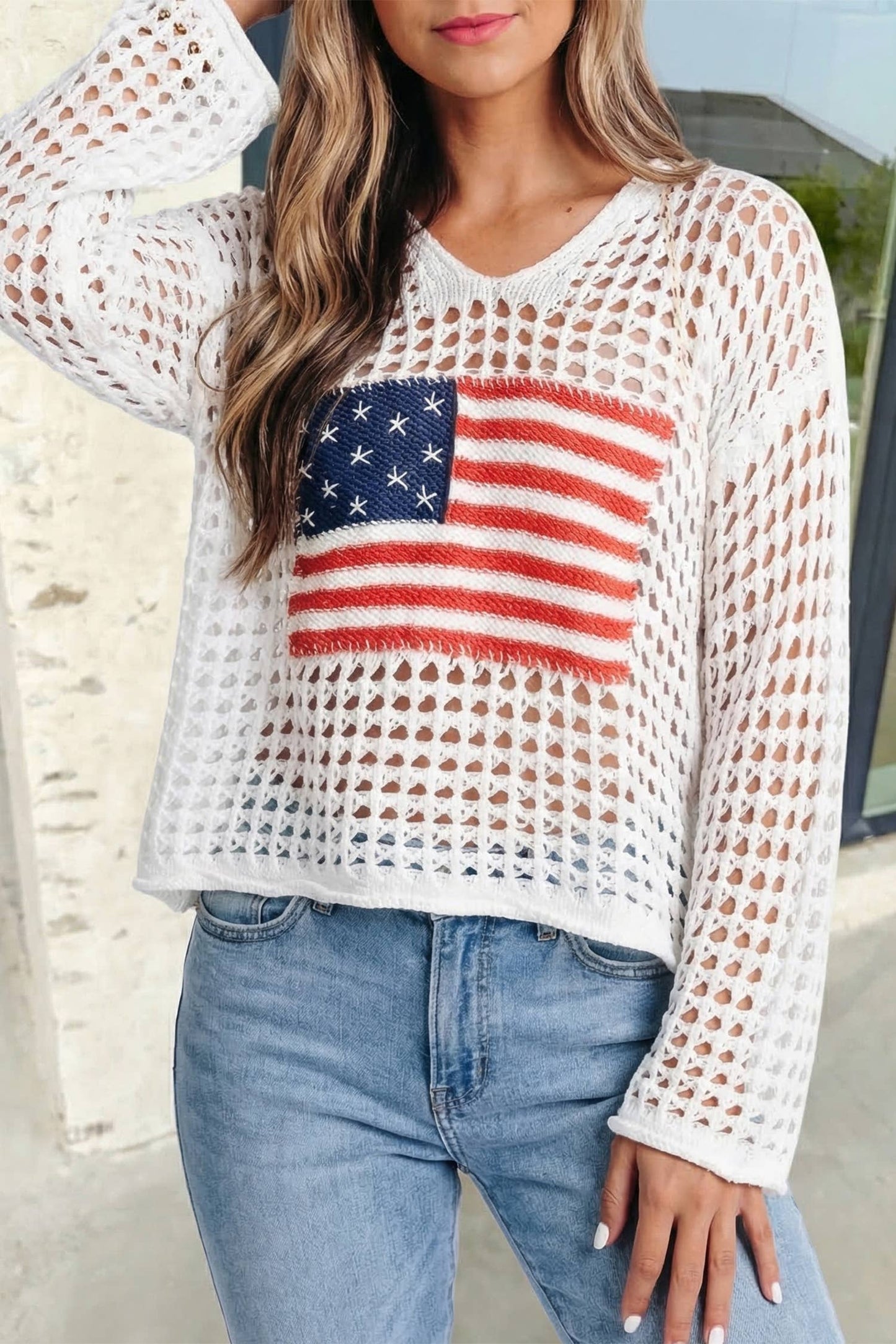 Hollow Out American Flag Patch Sweater Hoodie | S-XL