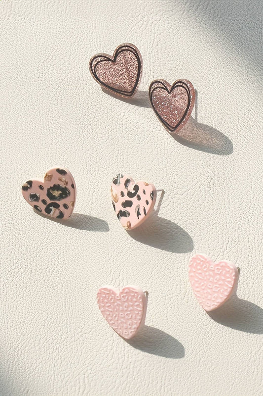 Glitter & Leopard Print Heart-Shaped Earrings Set